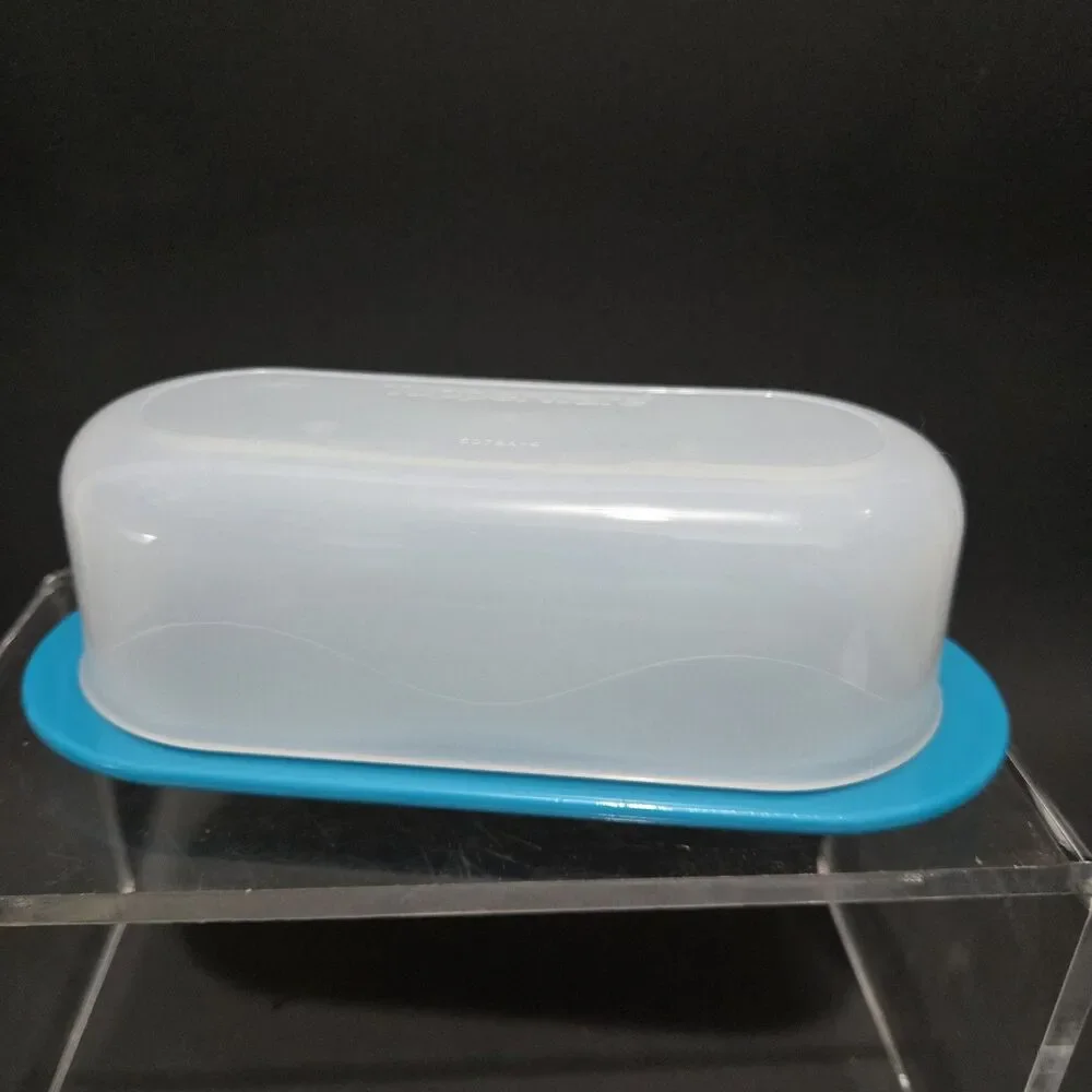 Tupperware Impressions Small Butter Dish Aqua Base Hold 1 Stick Butter 7x3”